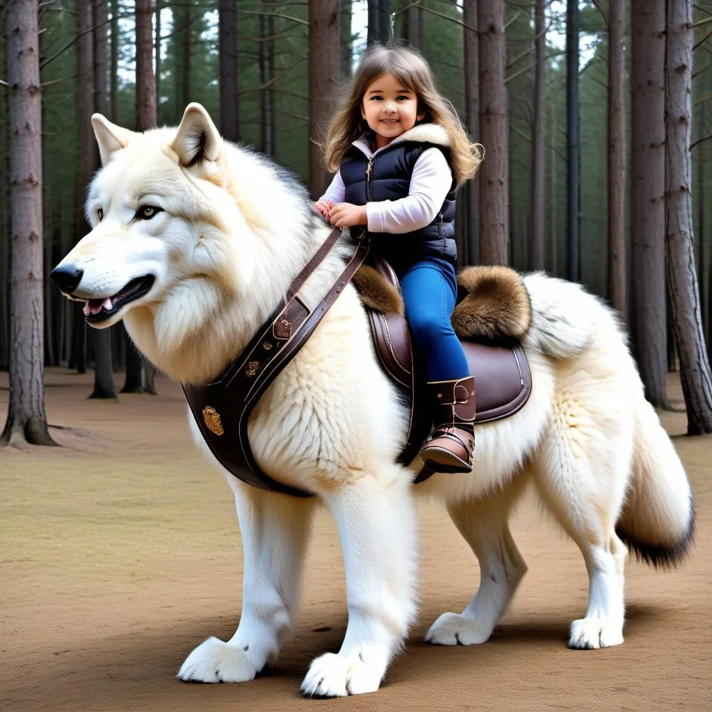 Prompt: small girl mounted atop her giant canine wolf, riding play, fluffy fur, thick fur, plush fur, soft fur, warm fur, giant riding steed, wide back, giant head, giant legs, giant body, giant paws, full body shot, side view, very long hair, stable, fur harness, bridle,