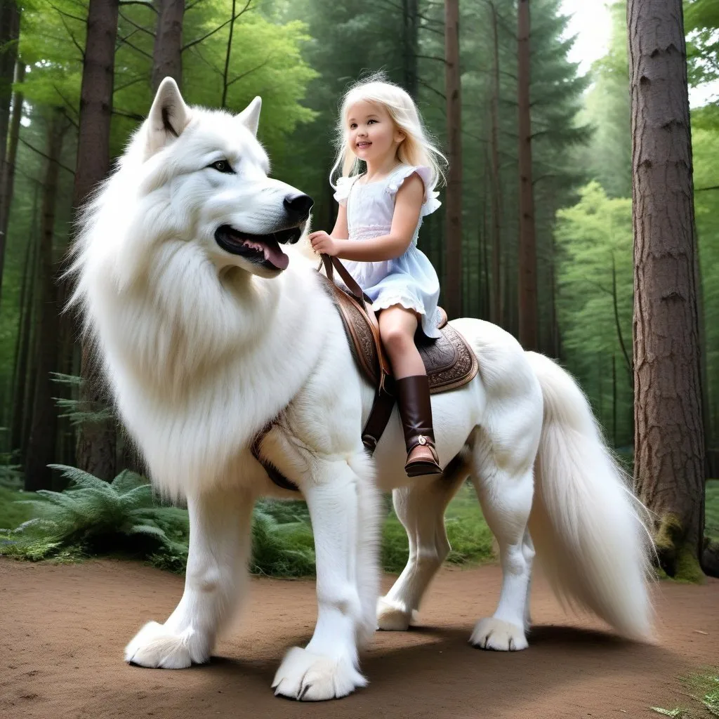 Prompt: small girl mounted atop her giant direwolf, riding play, fluffy fur, thick fur, soft fur, warm fur, giant riding steed, wide back, giant head, giant legs, giant body, giant paws, full body shot, side view, very long white hair, soft saddle, soft harness, soft bridle, muzzle bit, forest, summer dress,