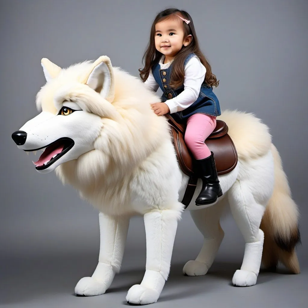Prompt: small girl mounted atop her giant riding wolf, riding play, fluffy fur, thick fur, plush fur, soft fur, warm fur, giant plush steed, wide back, giant head, giant legs, giant body, giant paws, full body shot, side view, very long hair, stable