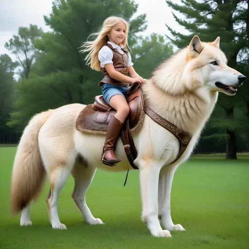 Prompt: a young girl mounted atop her giant wolf mare, riding, deep fur, fluffy fur, plush fur, thick fur, soft fur, long fur, warm fur, giant plush steed, wide back, giant head, giant legs, giant body, giant paws, full body shot, side view, very long blonde hair, grass, field, lawn, leatherbound harness, soft saddle,