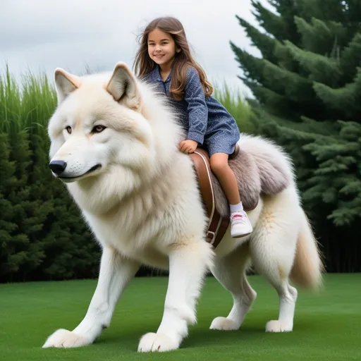 Prompt: a young girl mounted atop her fluffy wolf steed, riding hard, deep fur, fluffy fur, plush fur, thick fur, soft fur, long fur, warm fur, giant noble steed, wide back, giant head, giant legs, giant body, giant paws, full body shot, side view, very long hair, grass, field, lawn, plush pajamas,