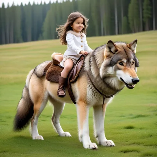 Prompt: small girl mounted atop her giant wolf, riding, fluffy fur, thick fur, plush fur, soft fur, warm fur, giant riding steed, wide back, giant head, giant legs, giant body, giant paws, full body shot, side view, very long brown hair, grass, field, bit, bridle, fur saddle, 