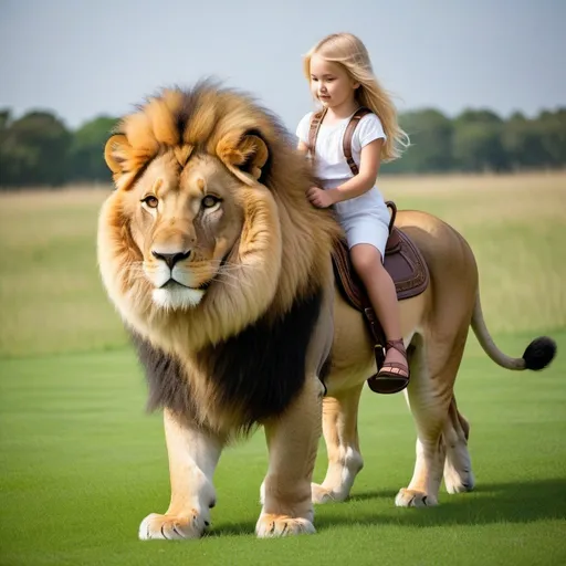 Prompt: a young girl mounted atop her lion, riding, deep fur, fluffy fur, plush fur, thick fur, soft fur, long fur, warm fur, giant noble steed, wide back, giant head, giant legs, giant body, giant paws, full body shot, side view, very long blonde hair, grass, field, lawn, soft fur harness, soft fur saddle, 