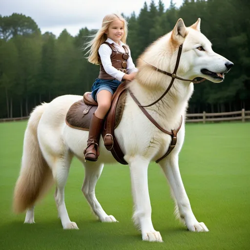 Prompt: a young girl mounted atop her giant wolf mare, riding, deep fur, fluffy fur, plush fur, thick fur, soft fur, long fur, warm fur, giant steed, wide back, giant head, giant legs, giant body, giant paws, full body shot, side view, very long blonde hair, grass, field, lawn, leather bound harness, soft saddle,