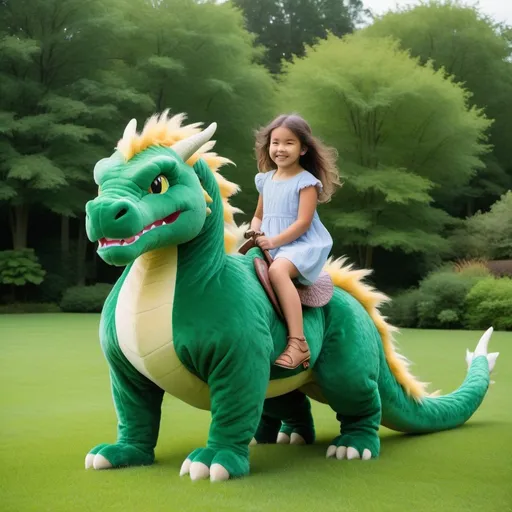 Prompt: a young girl mounted atop her 7 feet tall dragon, riding, fluffy fur, plush fur, thick fur, soft fur, warm fur, long mane, giant riding steed, wide back, giant head, giant legs, giant body, giant paws, full body shot, side view, grass, field, lawn, holding mane,