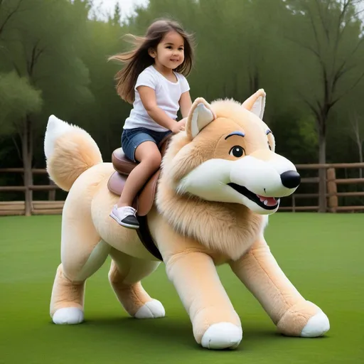 Prompt: small girl mounted atop her giant plush wolf, riding fast, fluffy fur, thick fur, plush fur, soft fur, warm fur, giant plush steed, wide back, giant head, giant legs, giant body, giant paws, full body shot, side view, very long brown hair, field, lawn, pony play, bit, 