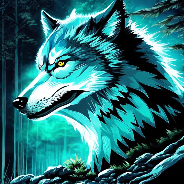 Prompt: sci fi light blue wolf with accents of black detailed in a bright green forest good lighting