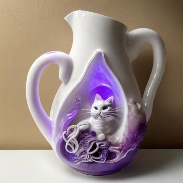 Prompt: white and purple cat with accents of light purple detailed pitcher made of meddle on the wall