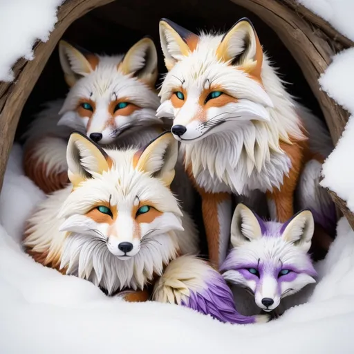 Prompt: white blue and purple fox pack with some foxes sleeping in a fox den' on snow fluffy detailed hyper realistic the foxes have light blue and green eyes bright glow in the lighting