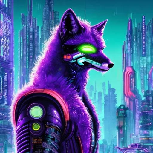 Prompt: High-res, detailed sci-fi illustration of a sleek purple fox, vibrant lime accents, futuristic cyberpunk setting, advanced holographic interface, intricate fur with neon highlights, intense and intelligent gaze, high-tech collar, city lights casting a surreal glow, high-tech, futuristic, cyberpunk, detailed fur, vivid colors, intense gaze, professional, atmospheric lighting