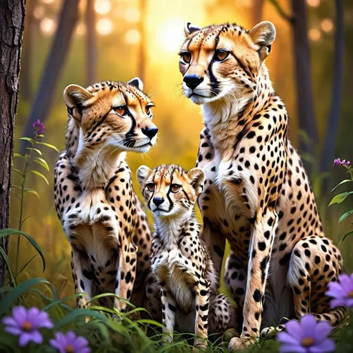 Prompt: Detailed illustration of a majestic cheetah and two cubs in a lush forest clearing at sunset, warm and vibrant color tones, high quality, realistic, detailed fur, serene atmosphere, focused mother cheetah, peaceful sunset, sleepy cub, sitting cub, forest setting, natural lighting lots of flowers around the cheetah all of the cheetahs have accents of purple and blue and gold eyes the cheetah