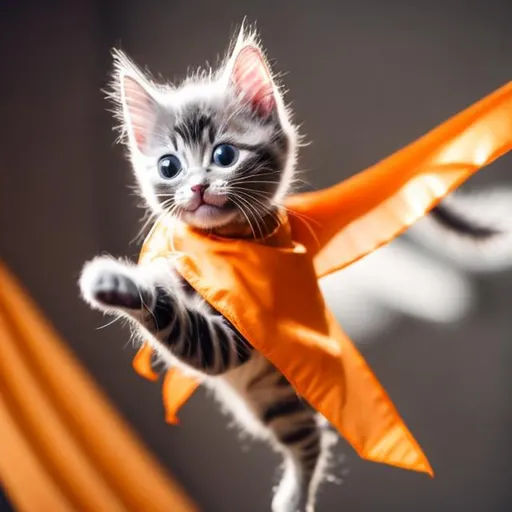 Prompt: a cartoon gray kitten with whit strips and a orange cape on
flying 