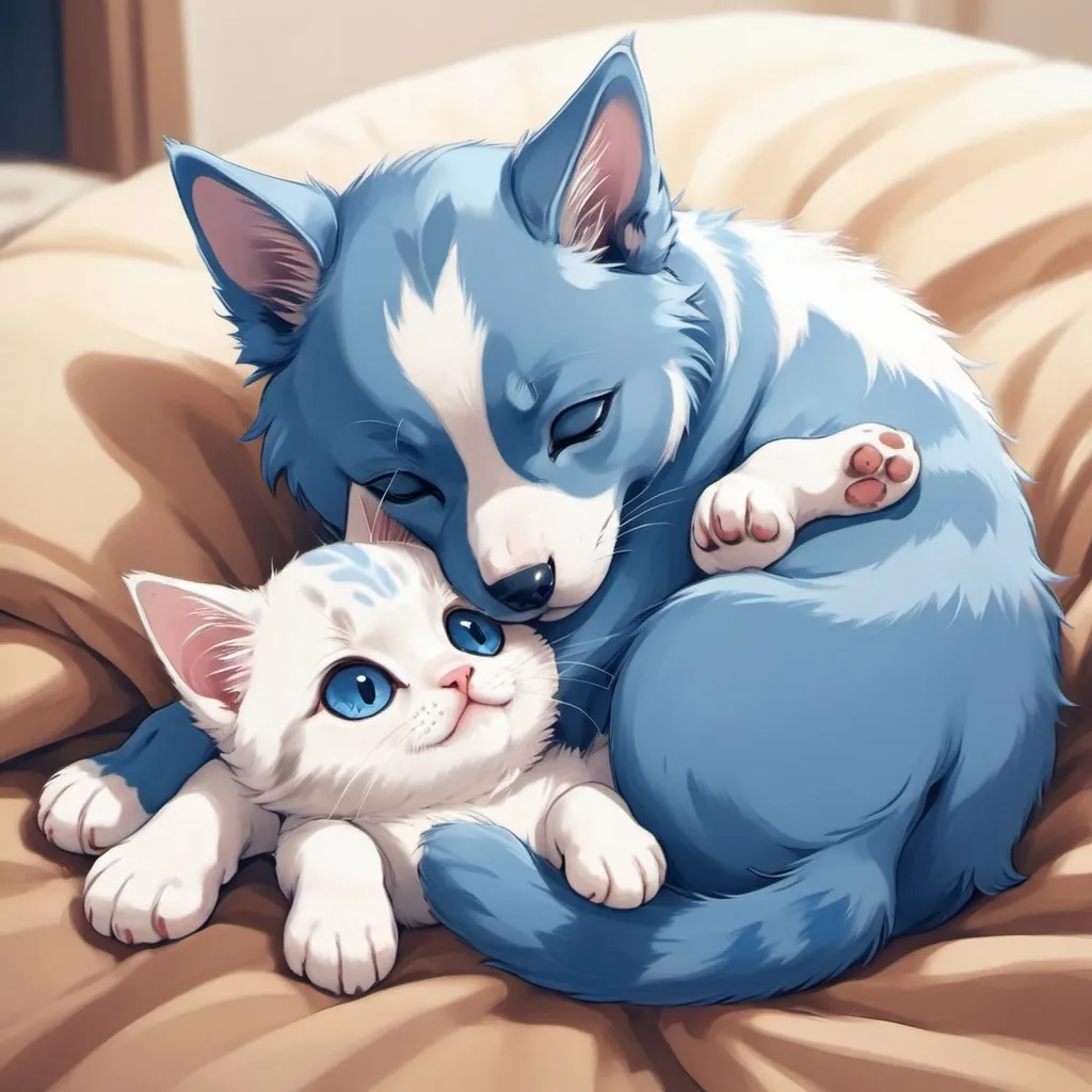 Prompt: a puppy and a kitten both blue with white they are snugging anime