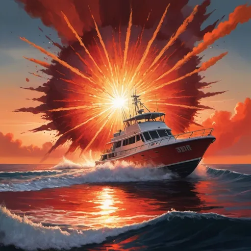 Prompt: a boat on the ocean with a sun set in the sky and a red and orange big explosion behind the boat detailed