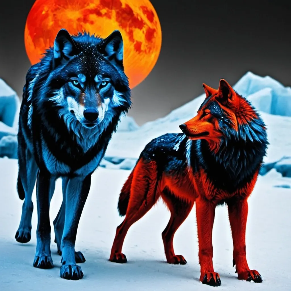 Prompt: black and blue ice wolf beside a black red and orange wolf the ice wolf has a caller that says Mia and the ice wolfs saying Leo two different wolfs