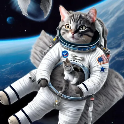 Prompt: a gray and white cat in a astronaut suit in space