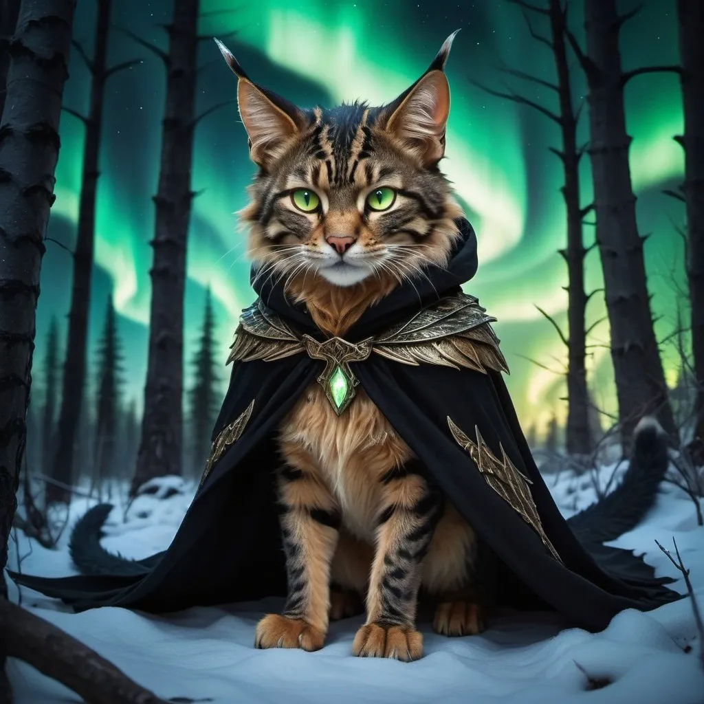 Prompt: wild cat dragon waring a black cloak warrior siting in hyper realistic fantasy forest future seen with northern lights above the wild cat waring a cloak warrior the wild cat dragon has two dragon wings cute detailed glowing gold eyes
