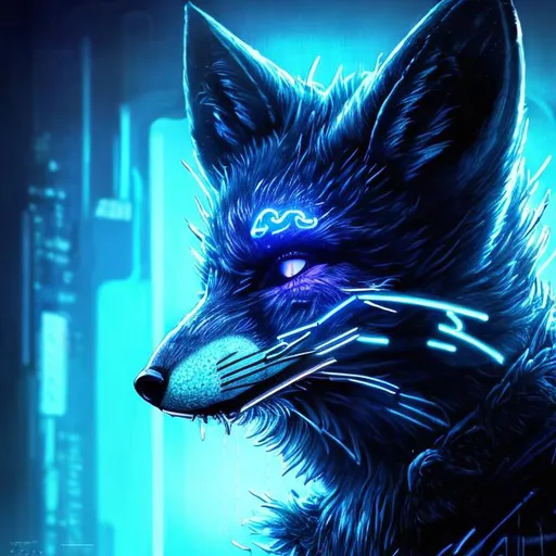 Prompt: Detailed sci-fi illustration of a dark blue fox accents of light blue, futuristic setting, glowing neon lights, detailed fur with cool reflections, intense and focused gaze, high-tech cybernetic enhancements, best quality, highres, ultra-detailed, sci-fi, futuristic, detailed fur, intense gaze, cybernetic enhancements, cool tones, atmospheric lighting