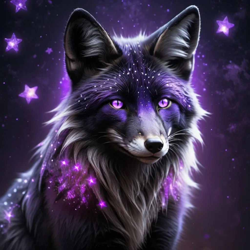 Prompt: Black fox with glowing purple stars, mystical fantasy theme, highres, detailed fur, atmospheric lighting, fantasy, mystical, detailed eyes, sleek design, professional, glowing purple stars, cool tones, detailed fur, atmospheric lighting