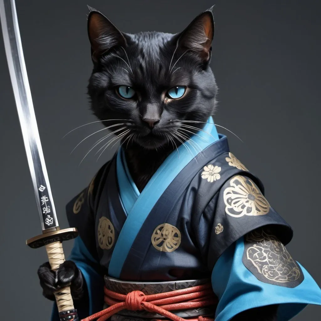 Prompt: A black and blue cat wearing samurai outfit. Has a scar on face. Anime style, holding sword at the hilt hyper realistic
