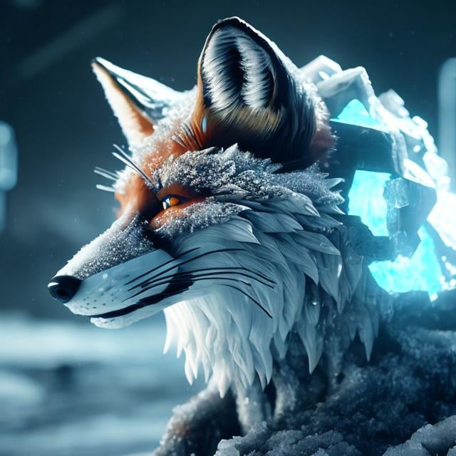 Prompt: fox made of ice detailed futuristic settings sci fi