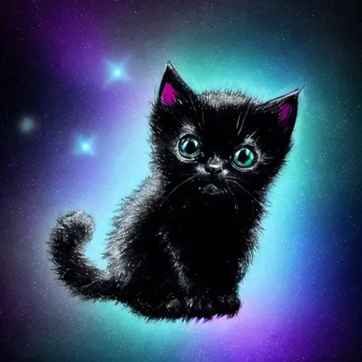 Prompt: a light up black kitten in space on a star