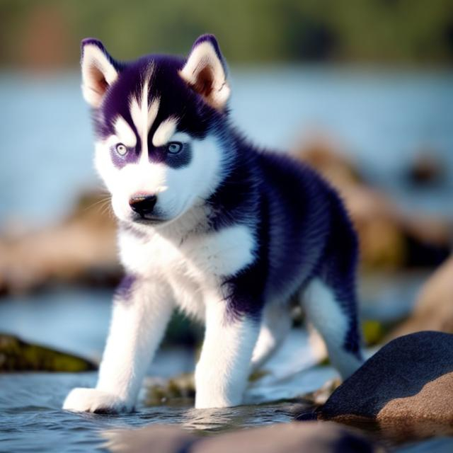 Prompt: a husky puppy in the shore water