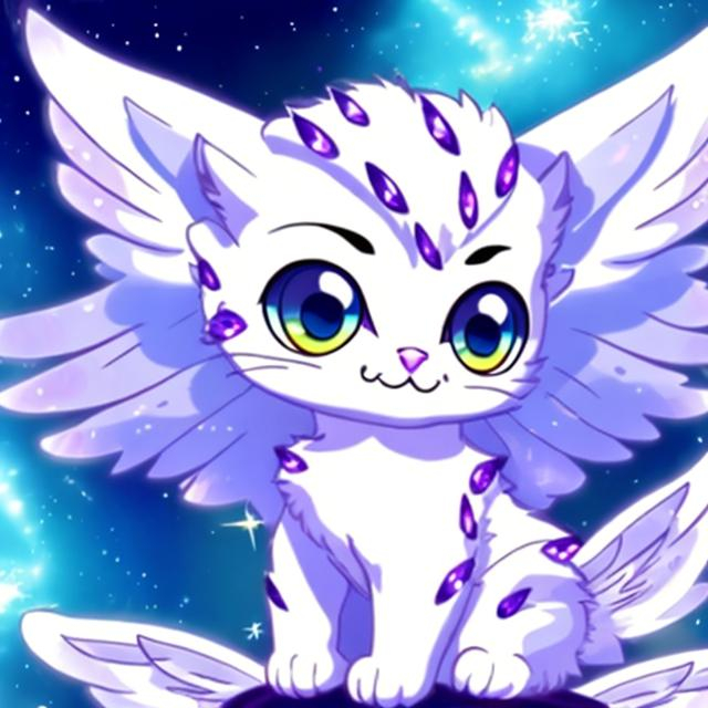 Prompt: a whit kitten with diamond gems on it and diamond strips also wings anime