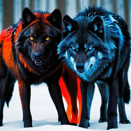 Prompt: black and blue ice wolf beside a black red and orange wolf the ice wolf has a caller that says Mia and the ice wolfs saying Leo two different wolfs