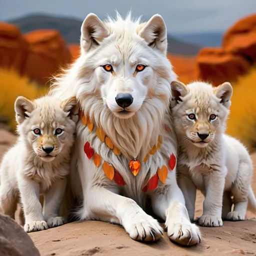 Prompt: white wolf with red orange and yellow mane and silver eyes the fluff at the end of the wolves tail is gold, with its two lion cubs, one lion cub is red and orange, the other is silver and yellow detailed the wolves are on a rock surrounded with rock and sand/the savanna, make sure the wolf and its two cubs have the color in the prompt
