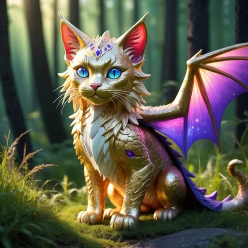 Prompt: bright sun shining, light gold cat in a grass patch in the forest detailed hyper realistic good lighting nice and sunny and shiny, magic theme. magic blue and red particles glowing eyes the cat is light gold with accents of purple .wild cat dragon waring a black cloak warrior siting in hyper realistic fantasy forest future seen with northern lights above the wild cat waring a cloak warrior the wild cat dragon has two dragon wings cute detailed i trust open art to make something good pleas!
