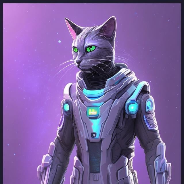 Prompt: sci fi man-cat with accents of purple and light blue detailed futuristic settings