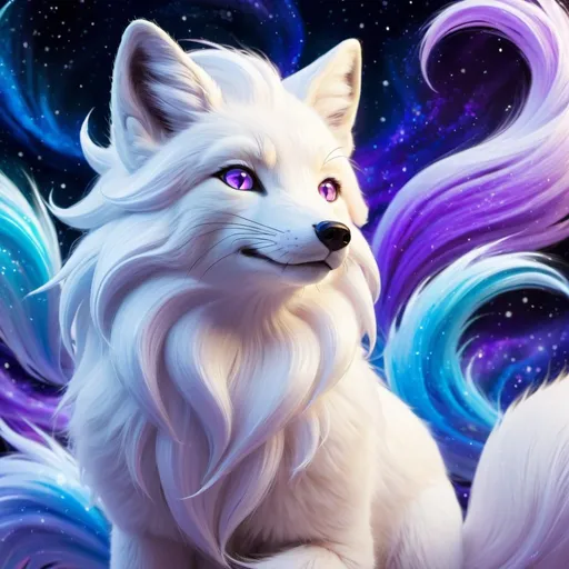 Prompt: {Alolan Ninetales} fox, ice element, detailed artwork, portrait, 8k, detailed background, curly purple hair, silky snow white fur, beautiful auroras, brilliant night sky, gleaming hypnotic purple eyes, mischievous, thick billowing mane, beautiful detailed eyes, golden ratio, perfect proportions, photorealistic, hyper realism, complementary colors, UHD
