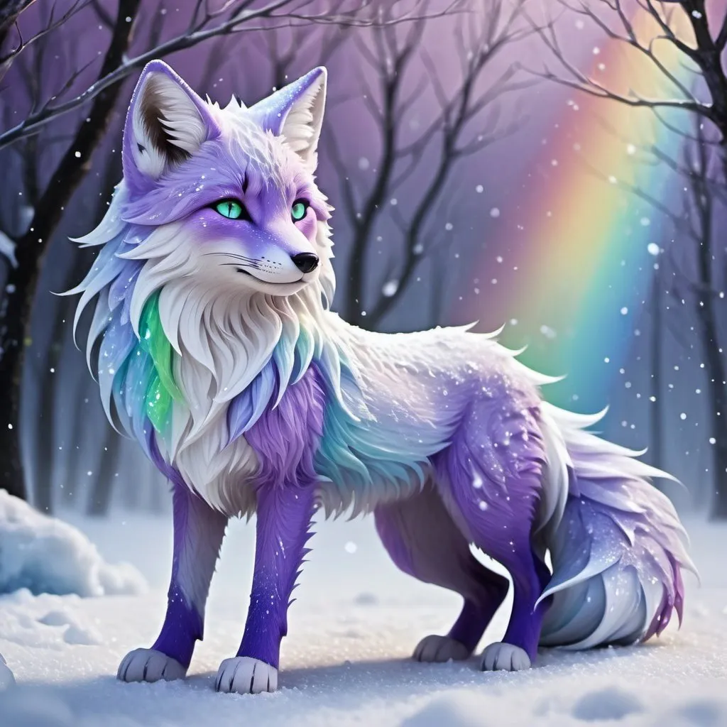 Prompt: ice elemental fox, feral vixen, kitsune, nine-tailed fox, snowy lilac fur, bright rainbow green aurora eyes, periwinkle purple ears, frost, falling snow, shattered ice, soft moonlight,stunning youthful vixen, gazing at viewer, gorgeous, muscular forelegs, flowing aurora hair, athletic, agile, small but absurdly powerful, enchanting, timid no orang
