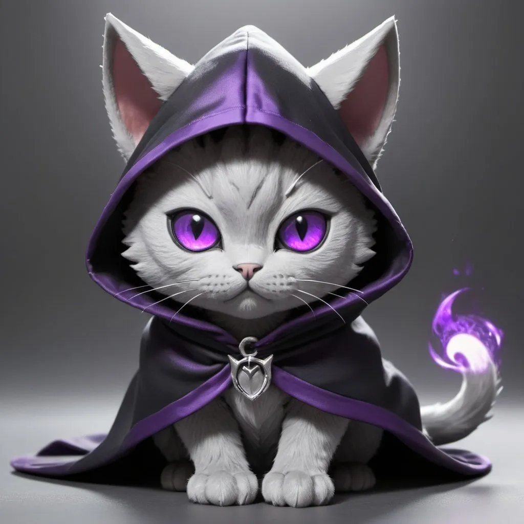 Prompt: silver cat with a black cloak black hood over its head its cat ears are pokeing out of the hood and you can see its glowing purple eyes dragon wings on the gray cat
