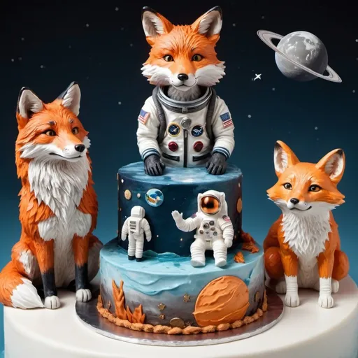 Prompt: a fox astronaut in the ocean, a gray wolf astronaut on cake, and a cat astronaut in space, detailed hyper realistic the wolf dose not look like a fox the fox looks like a fox