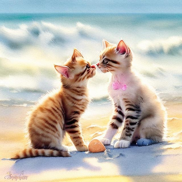 Prompt: Playful scene of two kittens on the beach, sandy shore with gentle waves, soft pastel colors, high quality, detailed fur, cute and lively, sunny and bright, realistic, watercolor style, kittens playing joyfully, sandy paws, peaceful atmosphere, adorable interactions, beautiful sunlight, beach scene, kittens, sandy shore, watercolor, detailed fur, pastel colors, playful, sunny, peaceful atmosphere