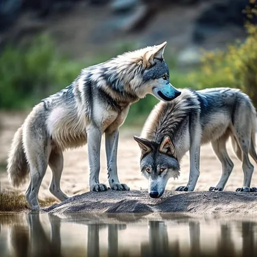 Prompt: two wolf baby's siting and drinking water from a clear a river