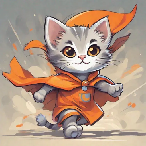 Prompt: Cartoon boy whit kitten with gray strips and an orange cape flying, vibrant and whimsical art style, bright and warm color tones, dynamic and joyful expression, high quality, cartoon, flying kitten, whimsical, vibrant colors, joyful expression, warm tones, dynamic movement, detailed fur, colorful cape, high quality