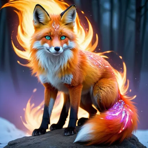 Prompt: fire elemental red fox, feral fox, kitsune, nine-tailed fox, fire lilac fur, bright rainbow green aurora eyes, periwinkle orange ears, frost, falling fire, shattered fire, soft moonlight,stunning youthful vixen, gazing at viewer, gorgeous, muscular forelegs, athletic, agile, small but absurdly powerful, enchanting, timid
