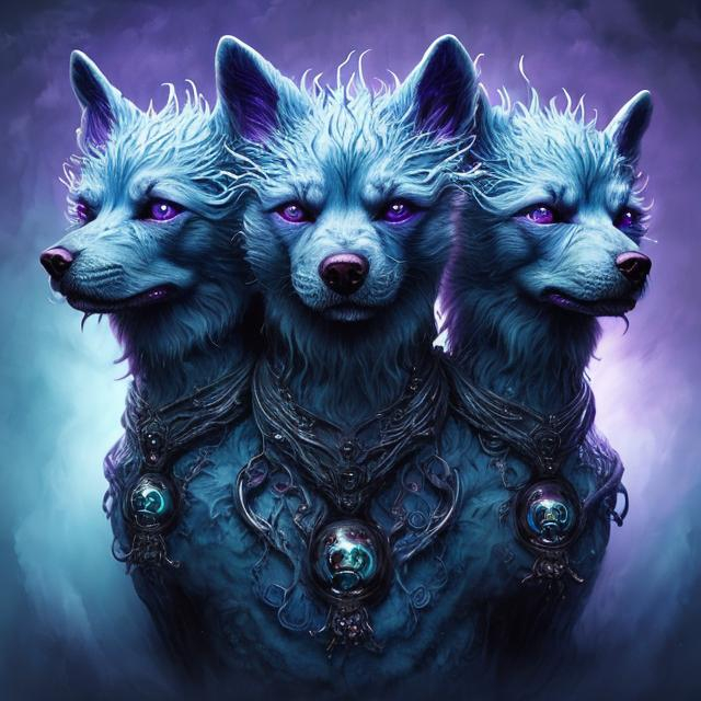 Prompt: 3-headed purple man-dog with light blue accents, detailed fur with reflections, surreal fantasy style, intense and eerie gaze, magical forest setting, high quality, fantasy, surreal, detailed fur, multiple heads, purple and light blue, atmospheric lighting