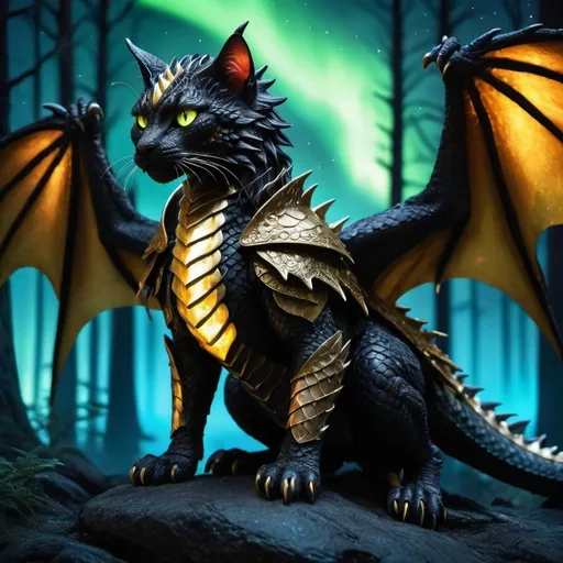 Prompt: wild cat dragon waring black armor and has scales warrior siting in hyper realistic fantasy forest future seen with northern lights above the wild cat waring a cloak warrior the wild cat dragon has two dragon wings cute detailed glowing gold eyes no wings  no dragon tail if you do add dragon wings add two if you add a tail make it one
