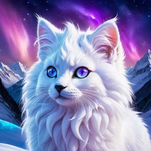 Prompt: {Alolan Vulpix}, Alaskan cat, gleaming hypnotic {amethyst purple eyes}, frost, ice element, detailed artwork, epic photograph, beautiful oil painting, 64k, detailed background, cosmic auroras, deep starry sky, lush cliffside, snowy mountain peaks, brilliant night sky, big purple ears, mischievous, vivid colors, glowing ice aura, snow princess, timid, bashful rosy cheeks, thick billowing mane, intricately detailed fur, beautiful detailed eyes, golden ratio, perfect proportions, vibrant, hyper detailed, complementary colors, UHD, beautiful detailed background
