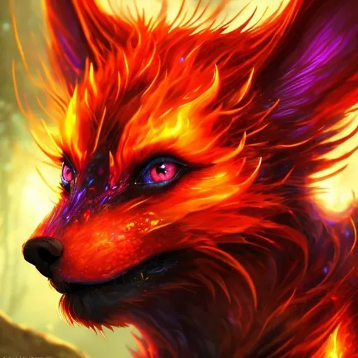 Prompt: Magical fire puppy, digital painting, vibrant and fiery colors, mystical forest setting, intense and powerful gaze, translucent fiery fur, mystical, high quality, detailed, fantasy, ethereal, fiery, magical, vibrant colors, mystical forest, intense gaze, digital painting, powerful, translucent fur, professional, atmospheric lighting