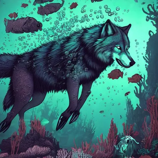 Prompt: a wolf scuba diving in poison lots of detail