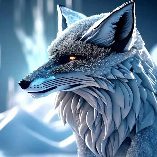 Prompt: fox made of ice detailed futuristic settings