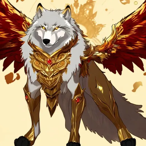 Prompt: a gold wolf with gold hock wings and a glowing red chest and some red on its tale anime boy