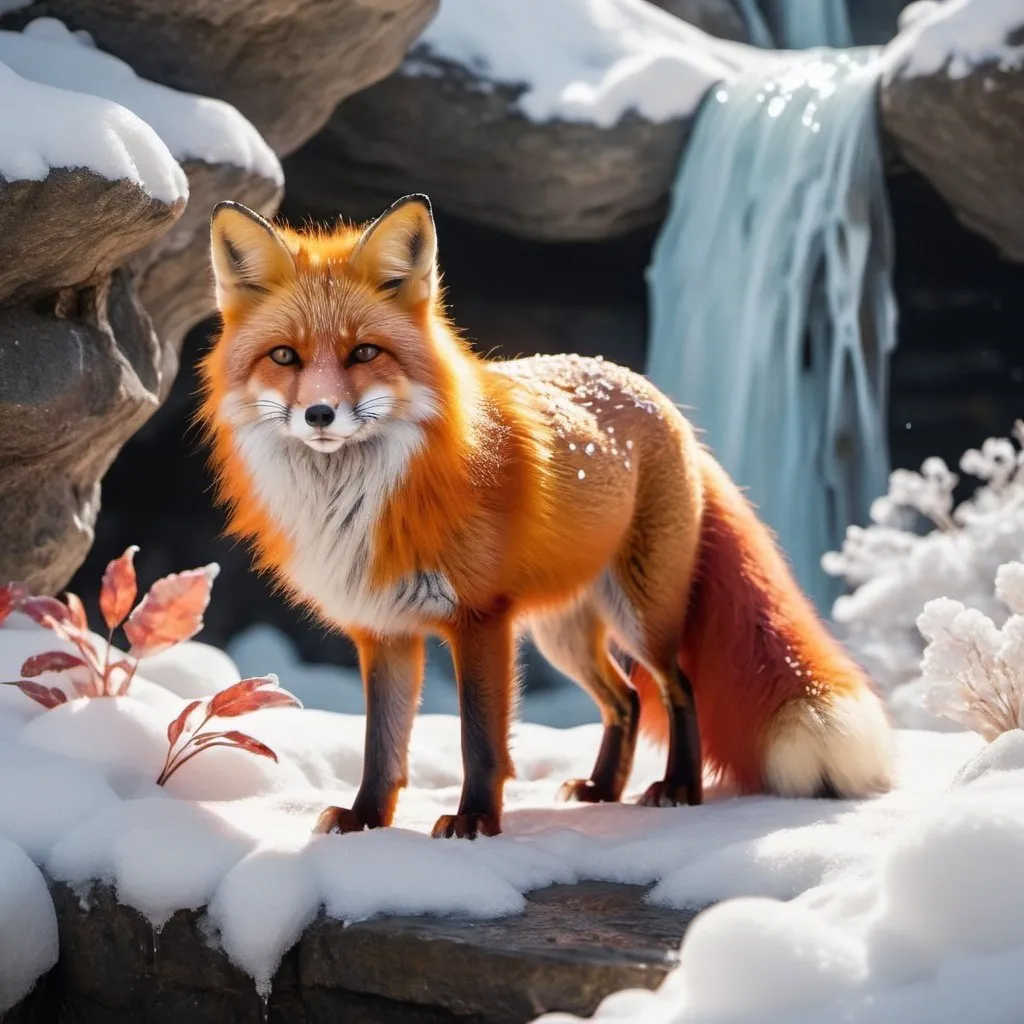 Prompt: red and orang fluffy fox in the snow at a waterfall with crystals around it good lighting detailed anima