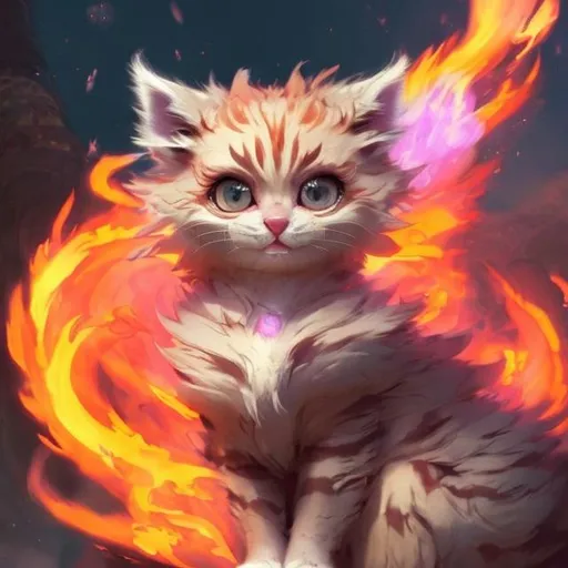Prompt: very Cute, pink, fluffy, fire kitten, possessing the element of fire and making circles of fire move around in the air in a magical way. Perfect features, extremely detailed, realistic. Krenz Cushart + loish +gaston bussiere +craig mullins, j. c. leyendecker +Artgerm.