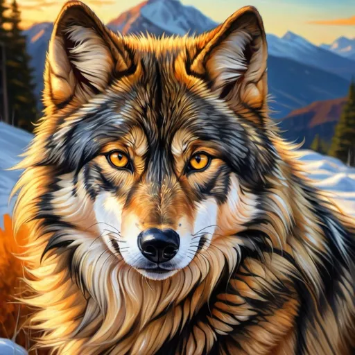 Prompt: detailed oil portrait of a stunning beautiful wolf with {broad black and gold stripes} and {sunlit gold eyes}, tortie wolf, nine-tailed wolf, vitiligo fur, nine fluffy yellow tails, feral, kitsune tails, quadruped, male wolf, Warrior cats by Erin Hunter, gorgeous anime portrait, intense cartoon, beautiful 8k eyes, kitsune, fiery, fire element, ice element, frost, detailed fine fur, fine oil painting, stunning, gorgeous, gazing at viewer, beaming eyes, lake shore sunrise, perfect reflection, shimmering, professional shading, sharply focused orange clouds, highly detailed cliffs in foreground, brilliant sunrise on golden sky, (horizontal background), 64k, hyper detailed, expressive, clever, beautiful, thick silky mane, golden ratio, symmetric, accurate anatomy, precise, perfect proportions, vibrant, standing majestically on a mountain, hyper detailed, complementary colors, UHD, HDR, top quality artwork, beautiful detailed background, unreal 5, artstaion, deviantart, instagram, professional, masterpiece
